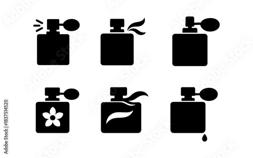 Black perfume bottle icons with different design elements on white background