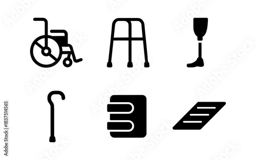Assistive devices and mobility aids in simple black and white icons