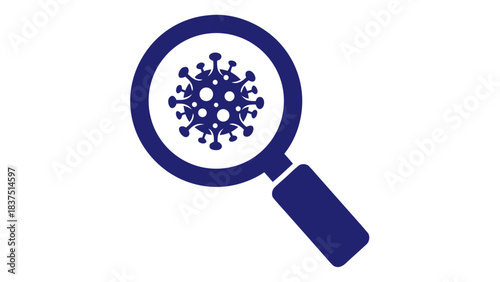 Close up view of a dark blue stylized virus particle magnified by a dark blue magnifying glass on a black background symbolizing scientific research and analysis of infectious diseases