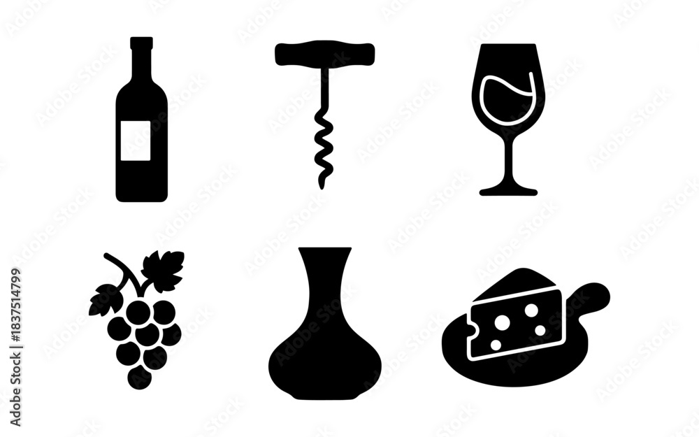Naklejka premium Wine and cheese icons in silhouette on a white background