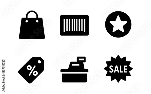 Shopping and retail icons in a clean, minimalist black and white style