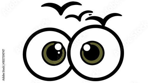 Close Up of Cartoon Eyes Wide Open Staring Directly Forward With Surprise and Curiosity Against a Black Background With Subtle Movement Lines Above
