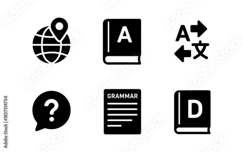 Language learning and global communication concept icons in black and white