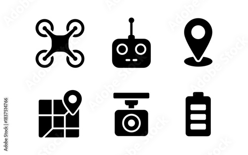 Drone icons set with remote control, camera, and location markers