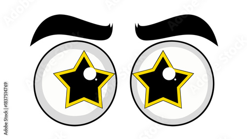 Close Up Of Cartoon Eyes With White Round Iris Yellow Star Shape Pupil And Small White Dot Reflection On Black Background Minimalist Design