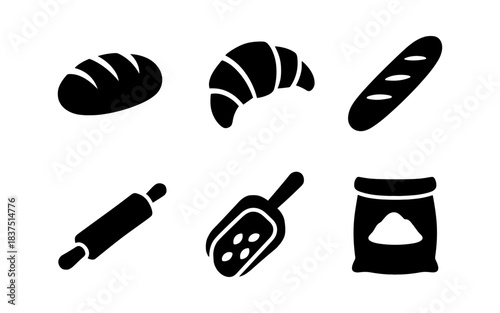 Bakery icons: bread, croissant, baguette, rolling pin, scoop, and flour sack