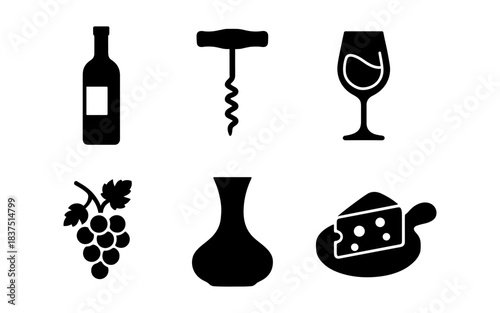 Wine and cheese icons in silhouette on a white background