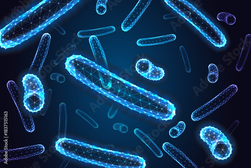 Digital glowing bacteria pattern with polygon mesh cells on dark blue background vector illustration