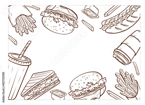 A fast food frame featuring a burger, hot dog, sauce, fries, soda, and coffee. Vector illustration. American food. Elements for menus, banners, advertising layouts, packaging, and corporate identities