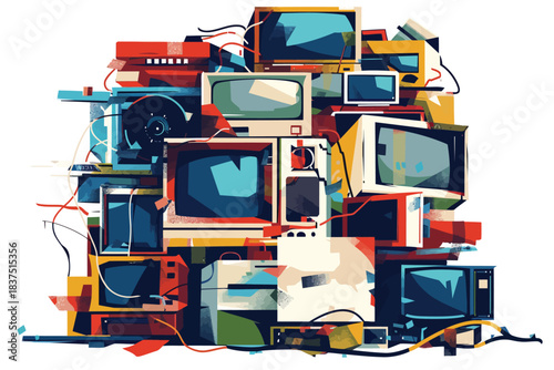 Artistic pile of electronic wasteflat mi isolated