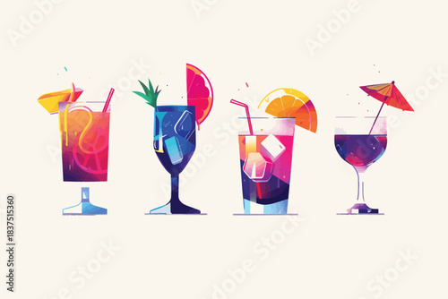Brightly colored cocktails at a summer isolated