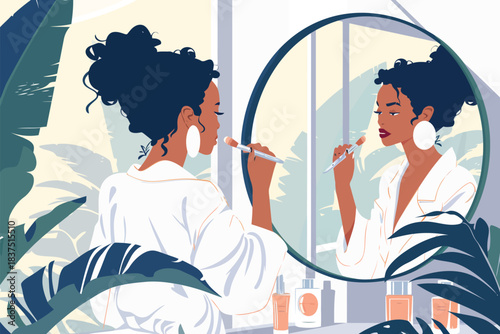 Woman applying makeup in a mirrorflat mi isolated