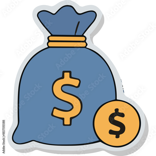 Blue Money Bag with Golden Dollar Sign and Coin Illustration Symbolizing Wealth and Financial Savings on a White Background