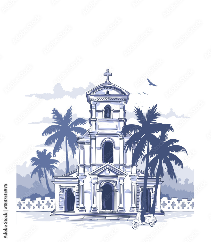 Naklejka premium Monochrome vector of a vintage Portuguese colonial church with palm trees and scooter in Goa, India. Detailed line-art architecture for travel posters, tourism, heritage and landscape design