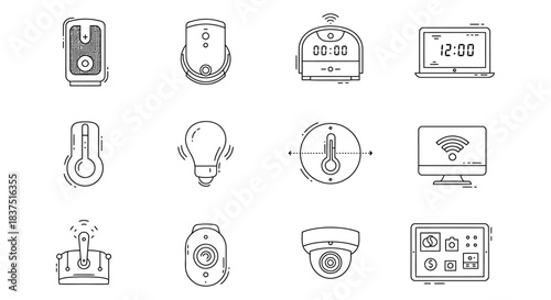 a collection of smart home devices and internet of things iot line icons for digital interfaces and automation technology.