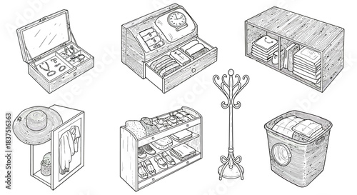 a collection of organized home essentials and storage solutions jewelry laundry clothes shoes for tidy domestic life.