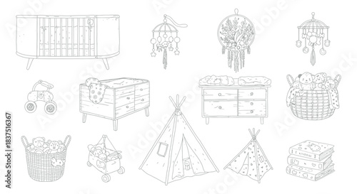 a hand drawn line art collection of baby nursery essentials and childhood objects ideal for newborn care and playful room designs.