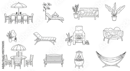 black and white line art illustrations featuring outdoor patio furniture garden objects and backyard leisure items.