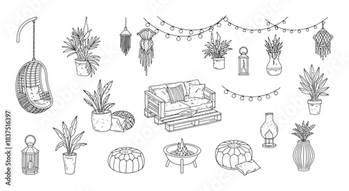 bohemian outdoor living decor hand drawn line art of patio furniture plants string lights for cozy backyardbalcony.