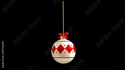 Animated glossy white Christmas ornaments with striking red geometric patterns, hung from thin gold strings and decorated with small red bows. Perfect for Christmas, New Year, etc.