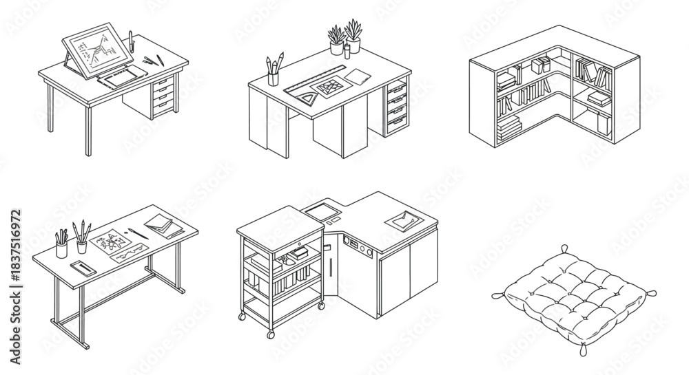 Naklejka premium isometric line art of modern creative workspaces desks drafting tables bookshelves and workstations for efficient studio design.