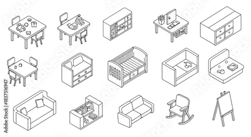 isometric line art furniture and household objects a versatile collection for childrens room nursery and modern interior design.