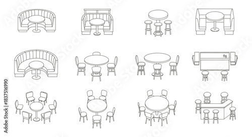 isometric line art restaurant seating cafe furniture bar counters dining arrangements for interior design.