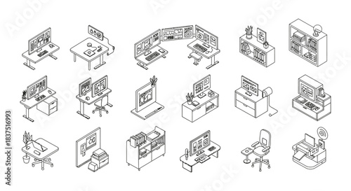 isometric line art vector collection of modern office furniture desks and tech workstations for business design and productivity illustrations.