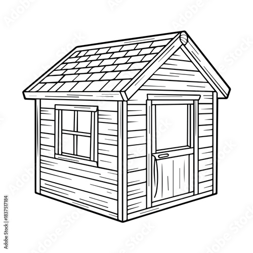 Outlined wooden playhouse with roof shingles and door for kids coloring page vector illustration