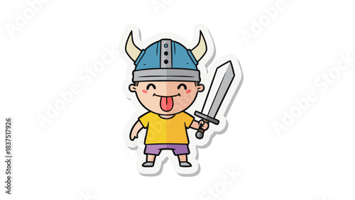 Cute Cartoon Viking Child With Sword And Horned Helmet Sticking Tongue Out In Playful Pose On Transparent Background Vibrant Colors Cheerful Expression Fun And Adventure Themed Artwork For Kids