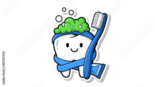 Cute cartoon tooth character with happy smiling face wrapped in blue ribbon holding a blue toothbrush with green toothpaste and white bubbles on black background