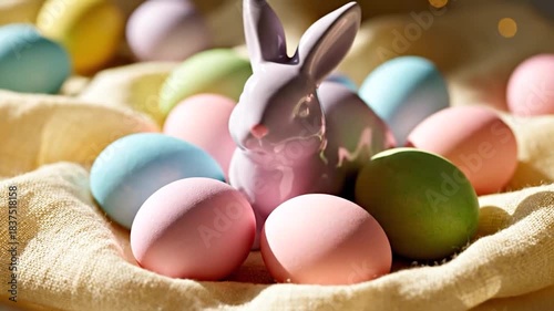Chocolate bunny and easter eggs in festive basket