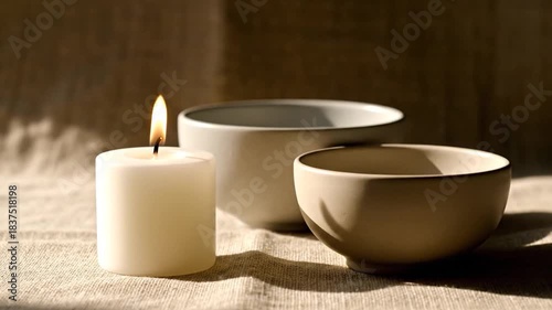 Burning candle with ceramic bowls in calm ambience
