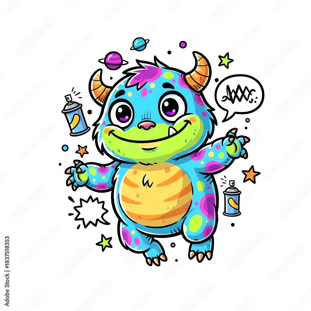 Obraz premium A blue cartoon monster with purple and green spots orange horns and a yellow belly