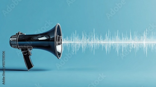 Metallic megaphone emits sound waves against a vibrant blue backdrop, digital illustration