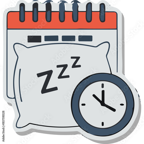 Calendar Icon Overlaying a Pillow with Zzz Symbols and a Clock Indicating Sleep Schedule or Time Management on a White Background