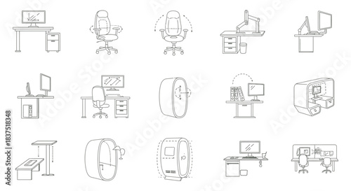 line art modern office furniture and ergonomic workstation concepts featuring adjustable desks chairs and innovative work pods for business.