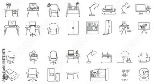 line art office furniture and equipment icons depicting modern workspace elements for business technology and interior design use.
