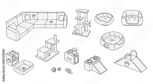 line art collection of diverse pet furniture and accessories for a modern home featuring comfortable beds cat trees feeding stations and toys ideal for pet care design concepts.