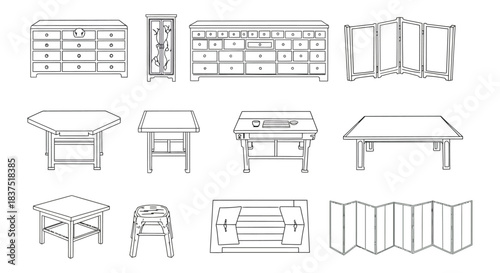 line art illustrations of traditional japanese and asian furniture including minimalist wooden cabinets tables and folding screens for design.