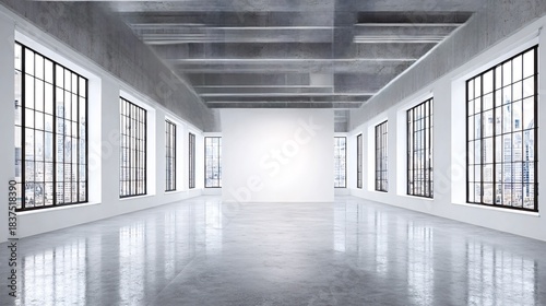 Empty modern minimalist loft gallery interior featuring polished concrete floors, exposed ceiling beams, large industrial windows, and a blank wall for display, creating a versatile urban space