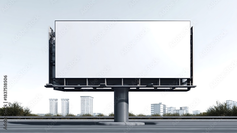Fototapeta premium Blank billboard displaying a white rectangular canvas for advertising messages, standing along a road with city buildings and a clear sky in the background, offering ample copyspace