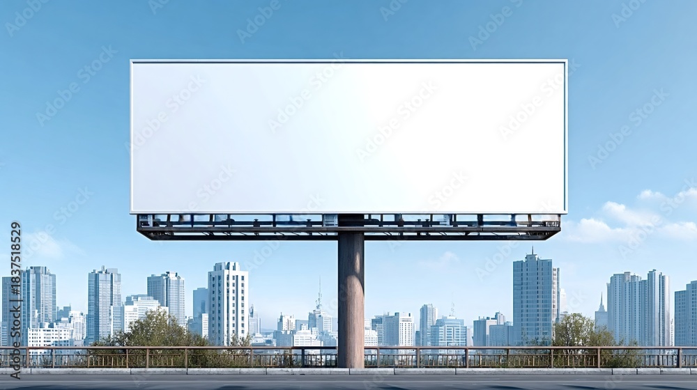 Obraz premium Outdoor advertising billboard displaying an empty white template against a backdrop of a modern city skyline and clear blue sky, ideal for marketing copy and promotional messages