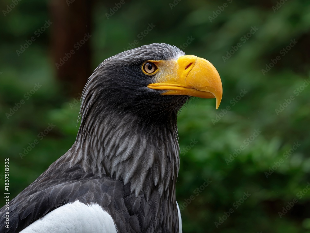 Fototapeta premium A closeup of a gray eagle with a yellow beak and golden eyes set against a blurred green background