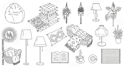 minimalist line art displaying cozy bohemian home decor items lamps plants cushions and rugs for hygge style.