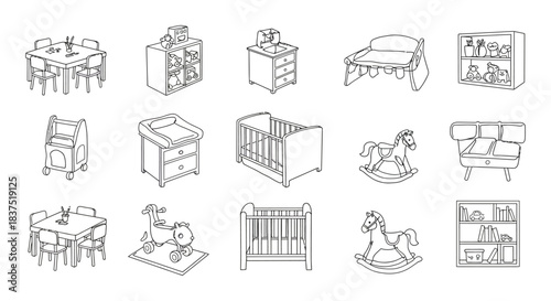 minimalist line art childrens furniture and baby items cribs changing tables rocking horses for modern nursery design concepts.