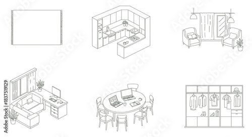 minimalist isometric outline vector illustrations of various modern interior room layouts showcasing kitchen living office and closet design concepts.