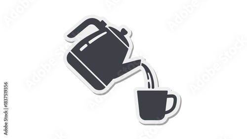 Dark Grey Kettle Pouring Liquid Into A Dark Grey Cup Against A Black Background With White Outline