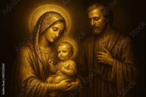 Saint family nativity scene, sacred religious theme with baby jesus, mary, and joseph in illuminated portrait. concept of devotion, traditional christian art, holy celebration