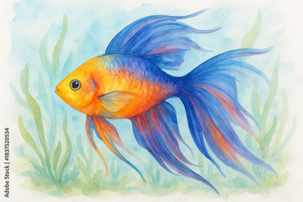 Fototapeta premium Tropical fish in seaweed watercolor illustration featuring vibrant colors and elegant fins. concept of ocean life, marine beauty, underwater artistry